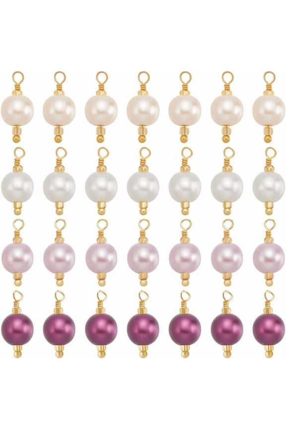 1 Box 48Pcs Pearl Bead Charms Plastic Pearl Link Connectors with 18K Gold Plated Rack Plating Findings Round Dangle Imitation Pearl Charm Pendant for Jewelry Making DIY Crafts