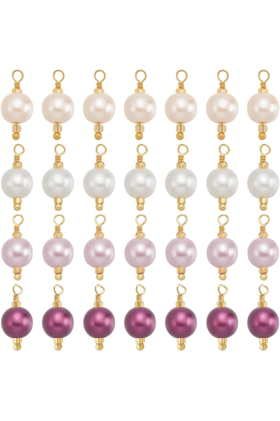 1 Box 48Pcs Pearl Bead Charms Plastic Pearl Link Connectors with 18K Gold Plated Rack Plating Findings Round Dangle Imitation Pearl Charm Pendant for Jewelry Making DIY Crafts colorful