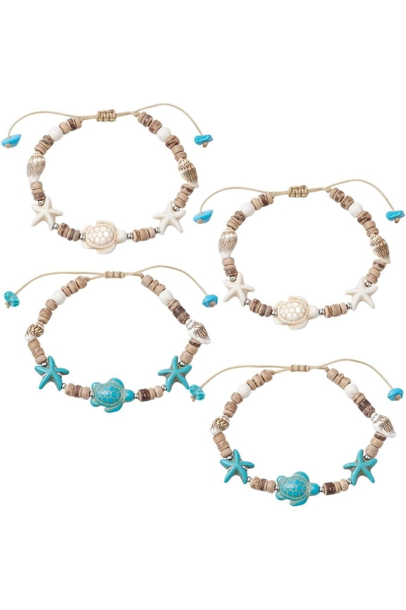 1 Box 4PCS Blue White Turquoise Bead Bracelet Coconut Turtle Starfish Beads Adjustable Boho Ocean Hawaii Beach Jewelry Anklets Bracelets for Women Adult Summer Wedding Gift Supply for DIY