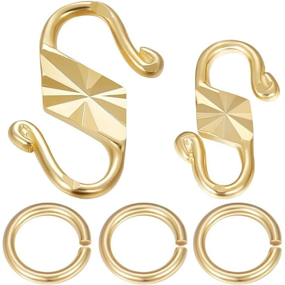 1 Box 4Pcs 2 Size S Hook Clasps Sterling Silver Plated 18K Gold Hook Ring Toggle Clasps Connectors with 4Pcs Open Jump Rings Wire Hanger Jewelry Findings