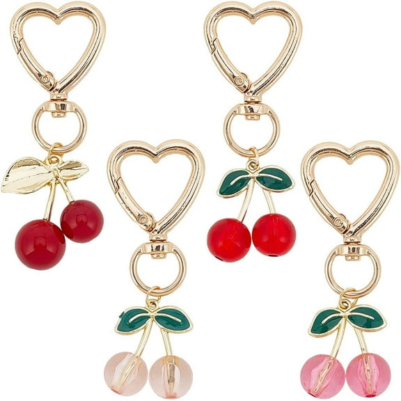 1 Box 4Pcs 4 Colors Cherry Key Chains Fruit Keychain Metal Resin Red Pink Clear Cherries Green Leaves Charm Keyring Keychain with Gold Alloy Heart Clasp for Keys Purse Backpack Bags Findings colorful