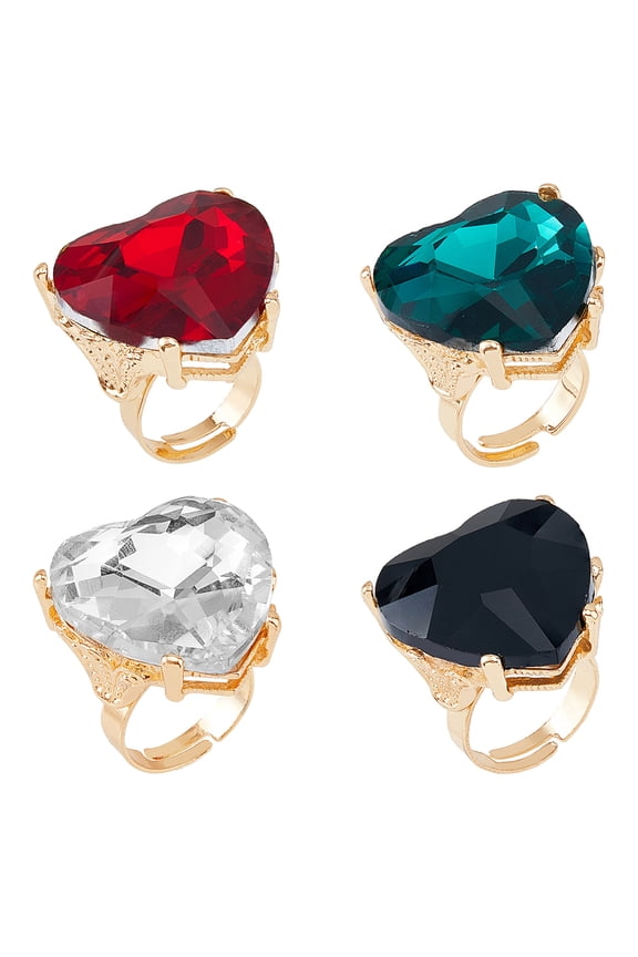 1 Box 4Pcs 4 Colors Glass Heart Adjustable Rings Set Light Gold Alloy Rings Mixed Color US Size 8(18.1mm) 1Pc/colorDIY