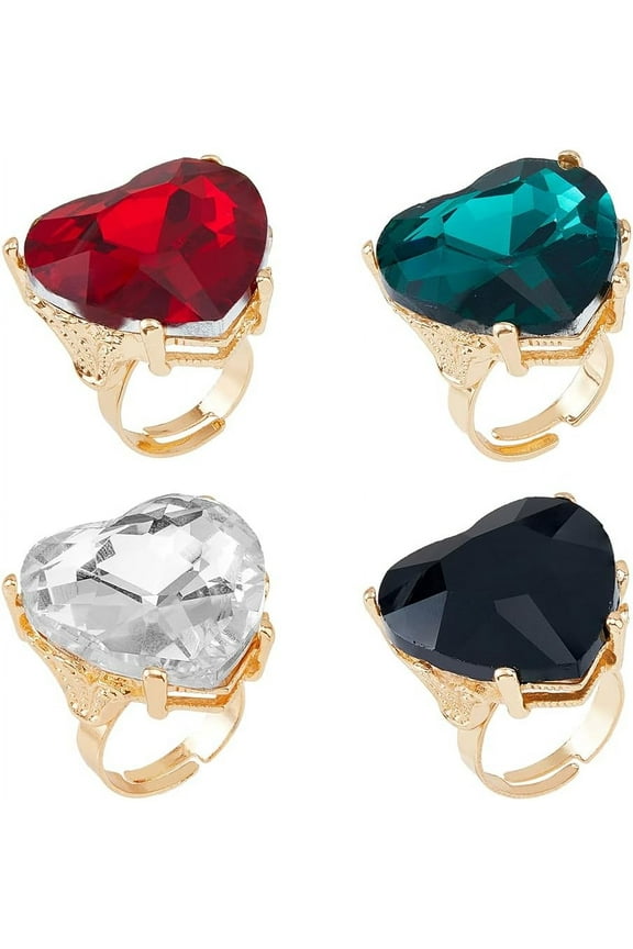 1 Box 4Pcs 4 Colors Glass Heart Adjustable Rings Set Light Gold Alloy Rings Mixed Color US Size 8(18.1mm) 1Pc/color