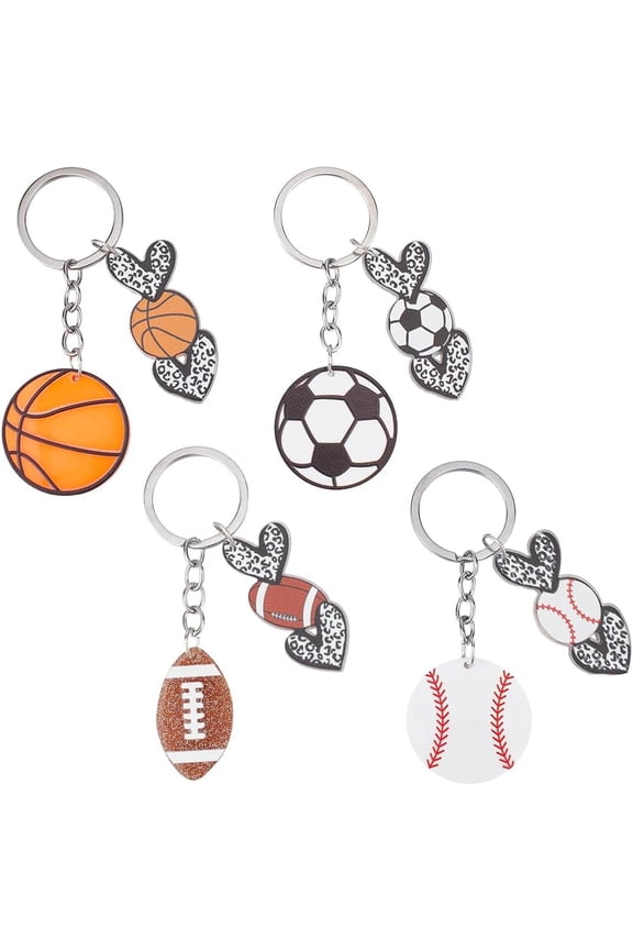 1 Box 4Pcs 4 Styles Basketball Keychain Bulk Sport Key Chain Kit Football Soccer Tennis Sports Acrylic Craft Charm Bag Purse Keychains Set