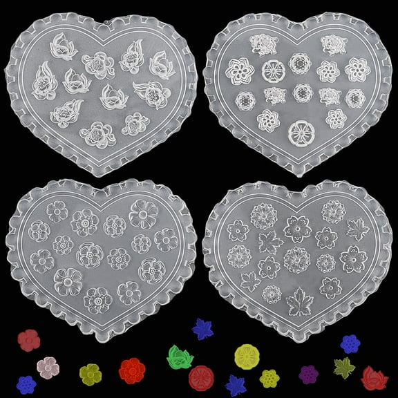 1 Box 4Pcs 4 Styles Flower Polymer Clay Molds Floral Silicone Molds Clear Love Heart Shaped Carved Fondant Miniature Cutters Tool Set