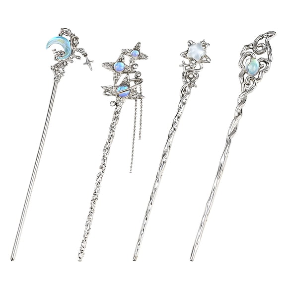 1 Box 4Pcs 4 Styles Moon Hair Pin Stick Chinese Hanfu Hair Sticks Silver Star Butterfly Heart Alloy Resin Asian Vintage Metal Tibetan Chopsticks DIY
