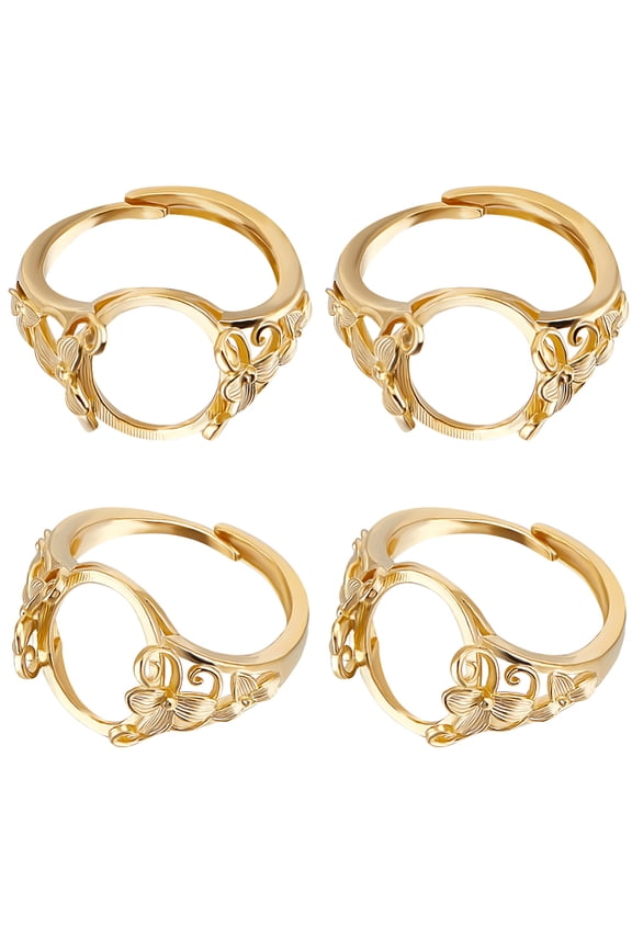 1 Box 4Pcs Blank Ring Base 24K Gold Plated Flower Flat Round Pad Adjustable Prong Ring Setting with Oval Tray DIY