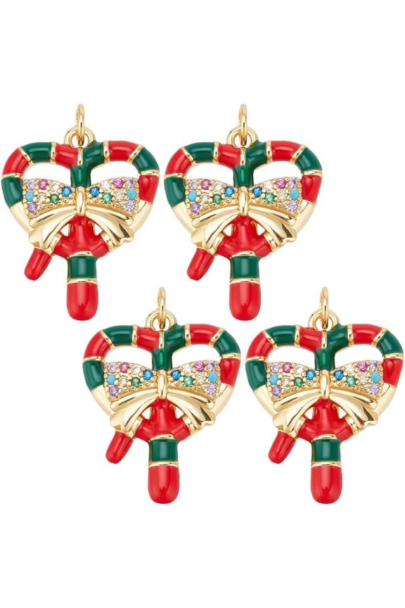 1 Box 4Pcs Enamel Christmas Charm 18K Gold Plated Brass Colorful Cubic Zirconia Bowknot Heart Candy Cane Shaped Charm with Jump Rings for DIY Christmas Eve DIY Craft Jewelry Making