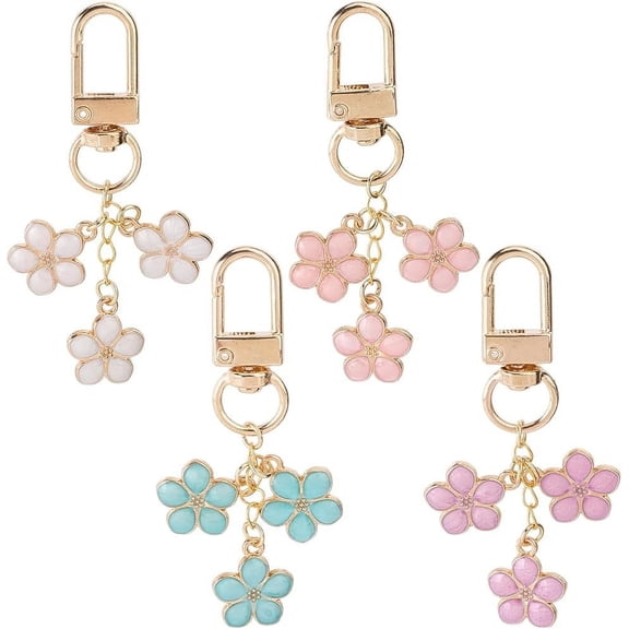 1 Box 4Pcs Floral Key Chain Enamel Flower Keychain Bulk Gold Metal Alloy White Pink Blue Purple Flowers Charm Keyring Keychains Clasps for Keys Purses Bags Backpack Accessories Real 18K Gold Plated