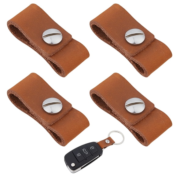 1 Box 4Pcs Leather Keychain Connector Cowhide Brown Cars Fob Keyring Lanyard Holder Carabineer Clip Hook Ring Loop Strap with Detachable Screw