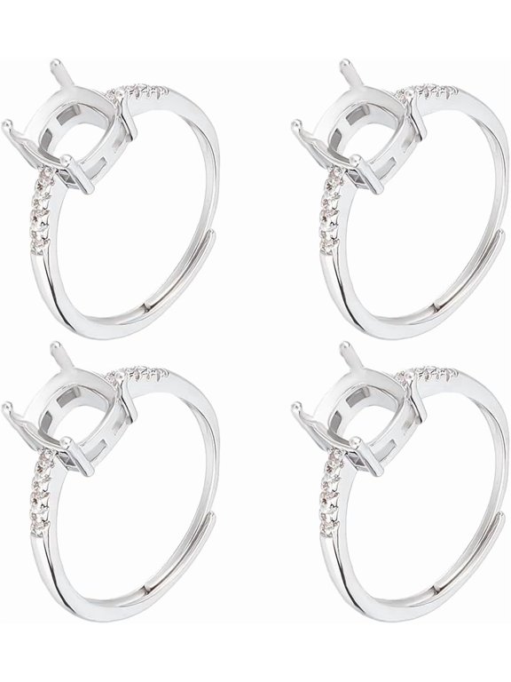 1 Box 4Pcs Prong Ring Blanks Sterling Silver Plated Cubic Zirconia Adjustable 4 Claw Prong Ring Settings Finger Ring Components for Jewellery Making Kit Findings