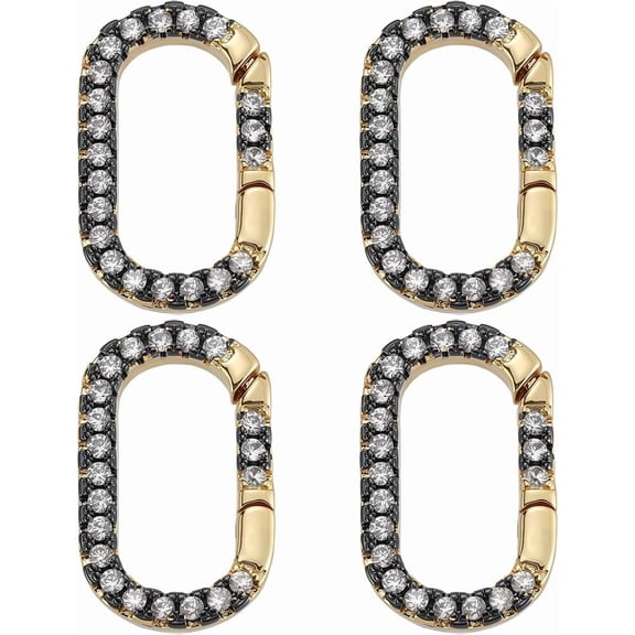 1 Box 4Pcs Real 18K Gold Plated Brass Oval Ring Clips Spring Gate Ring Clasp Black Clear Cubic Zirconia Closures Connector Clamp Carabiner Snap Clasps for Jewelry Making DIY Crafts Supplies for DIY