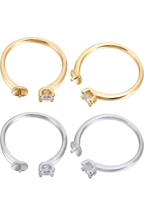1 Box 4Pcs Ring Blank Bases 18K Gold Platinum Plated Cubic Zirconia Adjustable Finger Rings Setting for Half Drilled Bead Ring for DIY Jewelry Making
