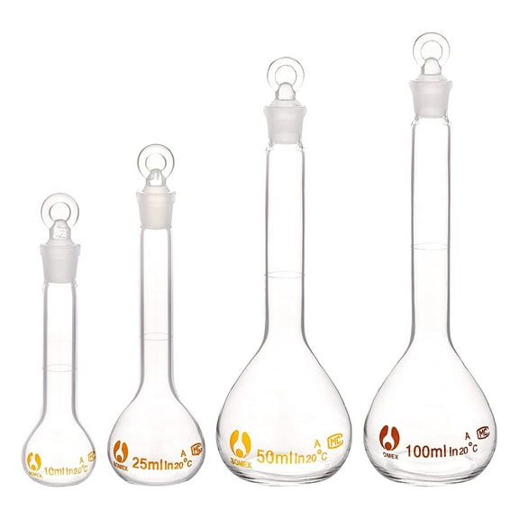 1 Box 4pcs Volumetric Flask 10ml/25ml/50ml/100ml Volumetric Flask Set with Glass Cap Durability & Chemical Resistance Glass Bottle for Laboratory Project