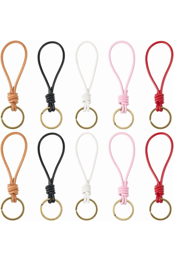 1 Box 5 Color 10Pcs Genuine Leather Rope Keychain Leather Braid Keychain Bulk Slim Black Pink Brown Real Cowhide Woven Cord Key Chains for DIY handcrafting