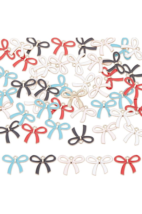 1 Box 5 Colors 50Pcs Enamel Charms Large Bows Charms Bulk Pink White Alloy Metal Bowtie Kawaii Cute Bowknot Pendants for Jewelry Making Trinket Diy Necklaces Bracelets Earrings Supply