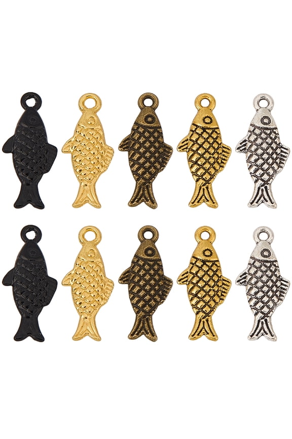 1 Box 5 Colors 60Pcs Metal Fish Charms Ocean Animal Charms Bulk Small Gold Silver Black Summer Fishing Sea Pendants