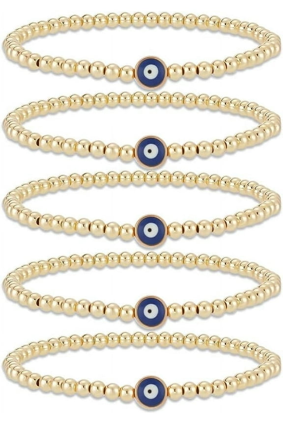 1 Box 5 PCS Gold Beaded Bracelets Evil Eye for Women Stretch Evil Eye Bracelets Adjustable Gold Bracelets with Blue Eye dainty stackable Bracelets Sets for Daily Wear Party Gifts for Cocktail