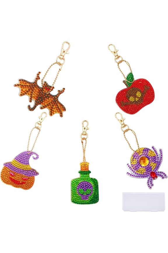 1 Box 5 Set DIY Diamond Art Painting Keychain Bulk Beginners Painting Key Chain Pumpkin Spider Bat Rhinestones Painting Kits DIY