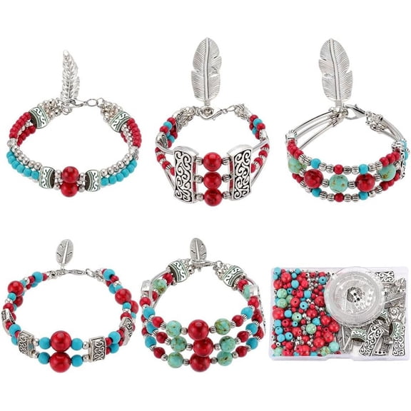 1 Box 5 Sets Turquoise Multi Layer Bracelet Making Kit Summer Ocean Hawaii Lucky Turquoise Beads Wrap Bracelet Feather Charms Mixed Color