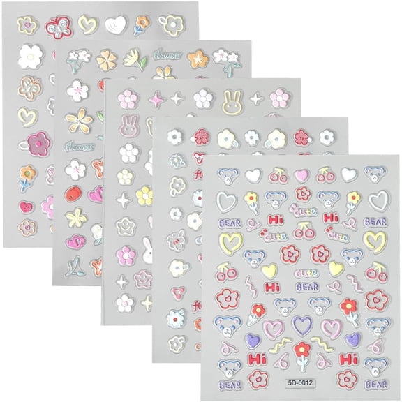 1 Box 5 Sheets 5 Styles Cute Animal Nail Stickers 5D Embossed Nail Art Stickers Bear Rabbit Flower Pattern Design Self Adhesive Toenail Decals Decoration for Women Spring Summer DIY Manicure Sienna