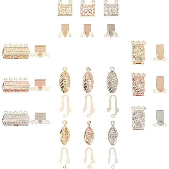 1 Box 5 Styles 15 Sets Necklace Layering Clasps Multi-Strand Slide Rectangle Connectors Spacer Slide Clasps Brass Separator for Layered Bracelets Necklaces Jewelry DIY Crafting Supplies
