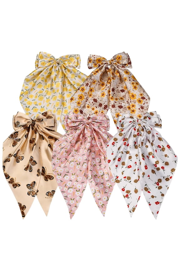 1 Box 5 Styles Womens Coquette Hair Coquette Bows Bulk Soft Ribbon Long Tail Flower Pattern Spring Butterfly Sunflower Bowknot Barrettes for Women Daily Wear Gifts Crafts Decorations