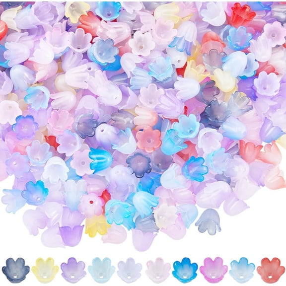 1 Box 500Pcs 10 Colors Frosted Flower Beads Acrylic Bead Caps Assorted Colorful Bell Lily Petals Floral Spacer Loose Bead DIY