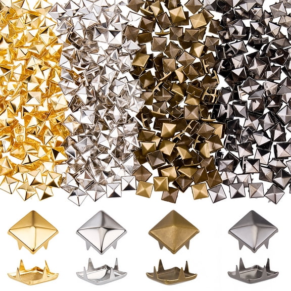 1 Box 500Pcs 4 Colors Square Rivet Studs 10mm Pyramid Studs Bulk Brass Four-Jaw Punk Metal Leather Claw Nailhead Rivets