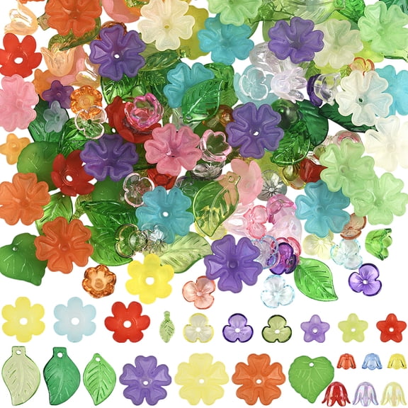 1 Box 500Pcs Acrylic Flower Beads Kit Flowers and Leaves Beads Set Cute Green Leaf Colorful Floral Blossom Caps Spring Themed Spacer