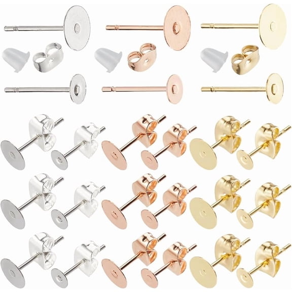 1 Box 500Pcs Flat Round Earring Posts Blank Earring Studs with Backs Real 18K Gold Plated Stainless Steel Pierced Head Bezel Ear Findings Accessories for Jewelry Making Supplies DIY Crafts