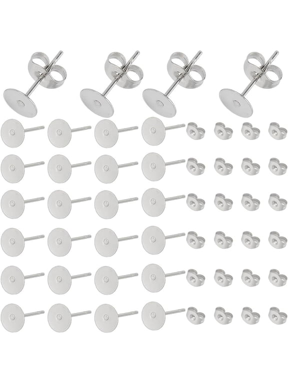 1 Box 500Pcs Silver Earring Posts Stainless Steel Stud Earring Findings Hypoallergenic Flat Pad Earring Studs with Ear Back Round Blank Earring Studs for Jewelry Making Supplies DIY Craft