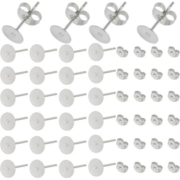 1 Box 500Pcs Silver Earring Posts Stainless Steel Stud Earring Findings Hypoallergenic Flat Pad Earring Studs with Ear Back Round Blank Earring Studs for Jewelry Making Supplies DIY Craft