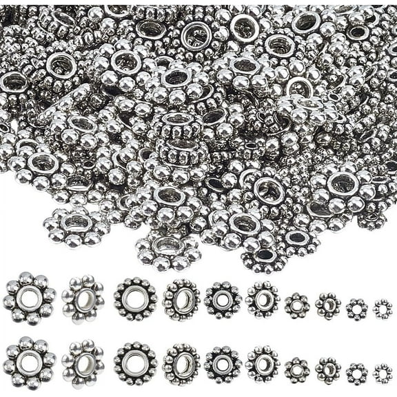 1 Box 500pcs Tibetan Silver Spacer Beads Silver Daisy Spacer Beads Small Assorted Metal Snowflake Flowers Bead Bulk for DIY Jewelry Making Earrings Christmas Bracelets Supplies DIY Crafts