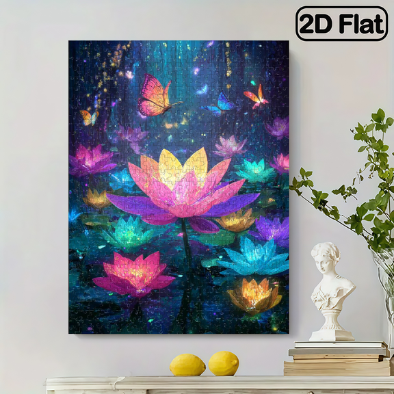 1 Box (500pcs) paper Jigsaw Puzzle, Dreamy Colorful for Lotus and Butterfly Pattern, Vibrant for Lotus Colors, Lively Butterflies, Mysterious Dreamy Background, Challenges the Brain