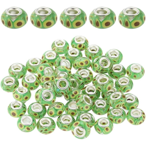 1 Box 50PCS 14mm European Beads Large Hole European Spacer Beads Murano Glass Beads Green Avocado Transparent Resin Rondelle Alloy Beads for Jewelry Making Beads DIY Bracelet Necklace Yellow Green