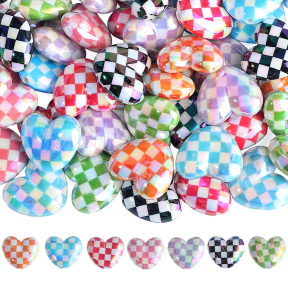 1 Box 50PCS Acrylic Heart Beads with Holes Opaque Colorful Plaid Love Shaped Plastic Iridescent Checkered Pattern Loose Bead