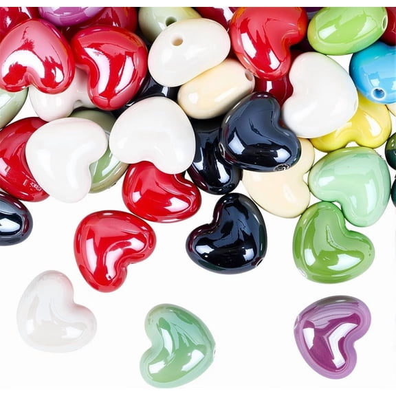 1 Box 50PCS Colored Candy Color Love Heart Shape Beads with Holes Spacer Ceramic Porcelain Valentine Mothers Fathers Day Hearts Bead for Jewelry Making Bracelets Gifts DIY Craft Supplies