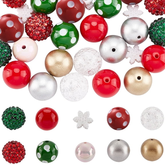 1 Box 50Pcs 10 Styles 20mm Christmas Bead Set Large Acrylic Bead Bulk Jumbo Plastic Snowflake Loose Round White Red Winter Holiday Garland Spacers DIY