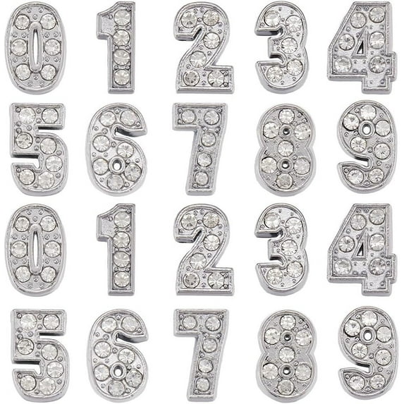 1 Box 50Pcs 10 Styles 8mm Rhinestone Number Charms Bead Crystal Slide Charm Bulk Metal Alloy Silver Full Rhinestones Art 3D Decor 0-9 Digital Numbers Charm Bead for DIY Craft Jewelry Making DIY