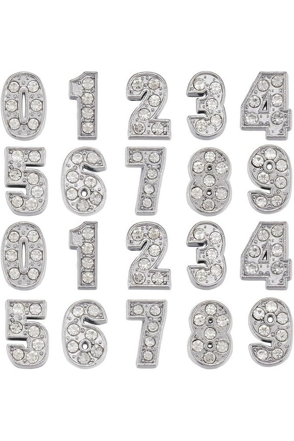 1 Box 50Pcs 10 Styles 8mm Rhinestone Number Charms Bead Slide Charm Bulk Metal Alloy Silver Full Rhinestones Art 3D Decor 0-9 Digital Numbers Charm Bead for DIY Craft Jewelry Making