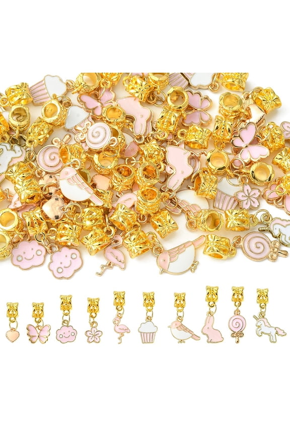 1 Box 50Pcs 10 Styles Alloy Pink Enamel European Dangle Charms Light Gold Flower & Flamingo Pink 23~31mm Hole: 4.3x4.4mm 5pcs/style