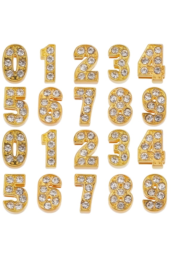 1 Box 50Pcs 10 Styles Rhinestone Slide Charms Gold Number Bead Bulk Metal Alloy Bling Art 3D Decor 0 to 9 Digital Numbers Slide Charm Bead