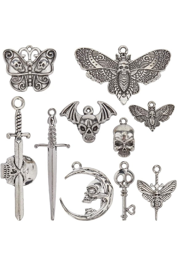 1 Box 50Pcs 10 Styles Silver Skeleton Charm Tibetan Halloween Charms Bulk Metal Alloy Vintage Antique Skull Head Butterfly Key Cross Charm Charms Accessories