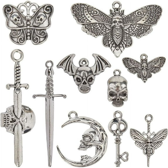 1 Box 50Pcs 10 Styles Silver Skeleton Charm Tibetan Halloween Charms Bulk Metal Alloy Vintage Antique Skull Head Butterfly Key Cross Charm for Jewelry Making Charms DIY Crafts Accessories