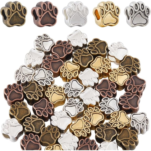 1 Box 50Pcs 5 Colors Gold Dog Paw Bead Paw Print Beads Bulk European Silver Alloy Puppy Cat Bear Animal Footprint Cute Large Hole Spacer Beads for Jewelry Making Beading Bracelets DIY Crafts 1box