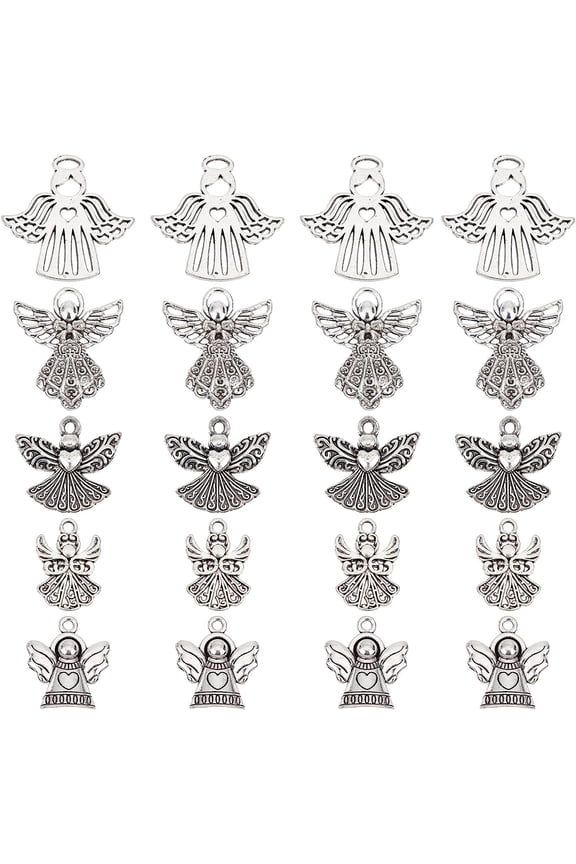1 Box 50Pcs 5 Style Guardian Angel Charms Angel Wing Charms Bless Lucky Charm Fairy Wing Tibet Style Alloy Fairy Charm for Jewelry Making Charms DIY Craft Bracelets Necklace Earrings Women