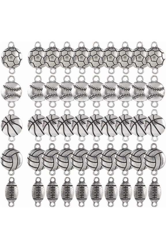 1 Box 50Pcs 5 Styles Silver Connector Charms Alloy Sports Charm Bulk Metal Ball Golf Volleyball Basketball Baseball Soccer 2 Holes Link Charm for Jewelry Making Charms Earring DIY Crafts