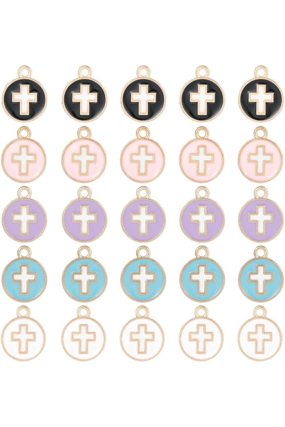 1 Box 50Pcs Cross Charms Bulk Black White Enamel Cross Charm Flat Round Colorful Crucifix Easter Holiday Hollow Charms for Jewelry Making Charms Women DIY Earrings Bracelets Craft Supplies