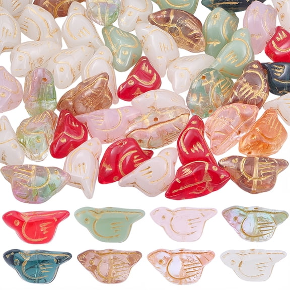 1 Box 50Pcs Czech Glass Beads Beads Bulk Birds Mixed Colors Transparent Gold Metal Enlaced Loose Spacers